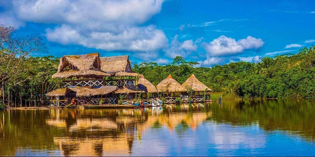 A thatched-roof structure with a wooden deck over water, surrounded by dense greenery. 1