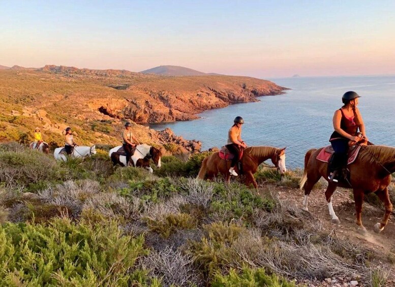 A group of people horseback riding along a coastal path with rocky terrain and ocean views. 1