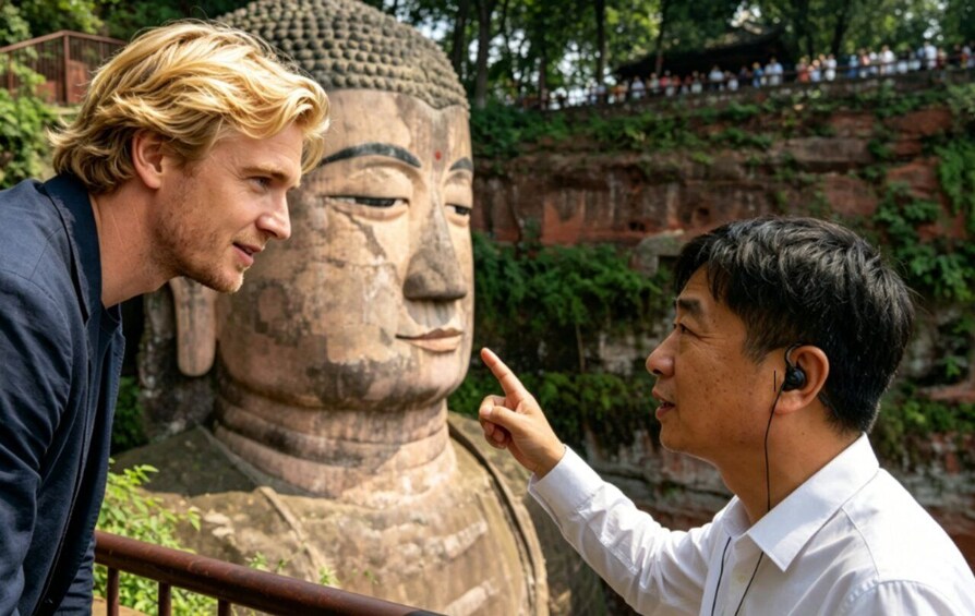 Two people standing in front of a large Buddha statue. 1