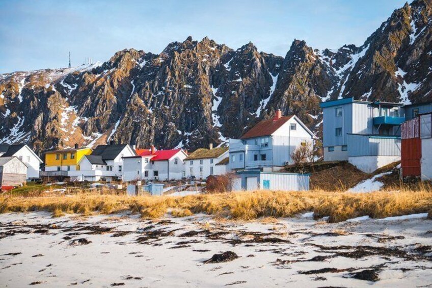 A coastal village with colorful houses, a beach, and mountains in the background. 2