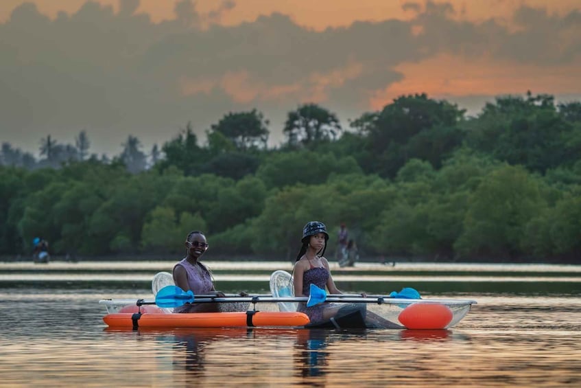 Two people rowing a boat on calm water with a forested shoreline in the background. 2