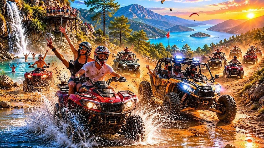 People riding ATVs on a rocky shore with a waterfall and a lake in the background. 1