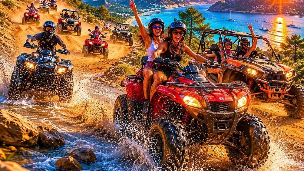 People riding ATVs on a rocky path near a body of water. 1