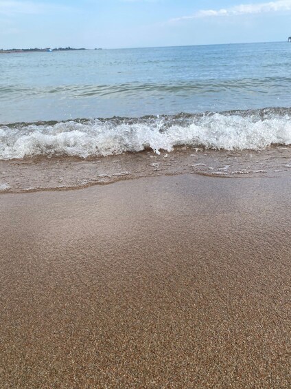 A sandy beach with gentle waves and a distant shoreline. 1