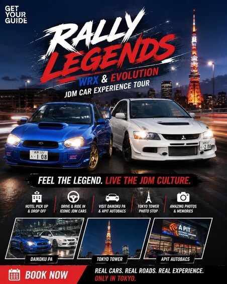 A promotional poster for a Rally Legends event featuring iconic JDM cars, a Tokyo Tower, and a Dai Koku Pa photo stop. 3