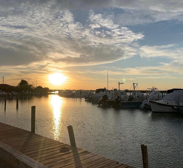 A marina with boats docked, a wooden dock, and a sunset in the background. 2