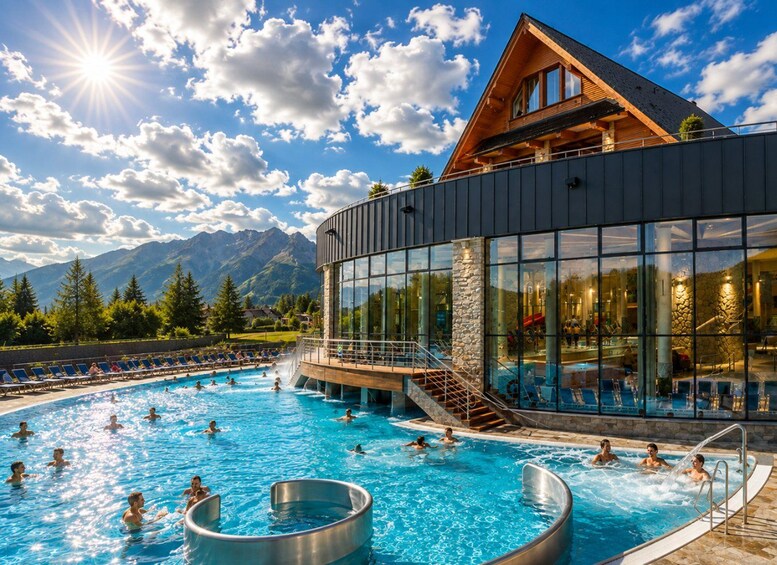 A swimming pool with people, a mountain backdrop, and a modern building with large windows. 2