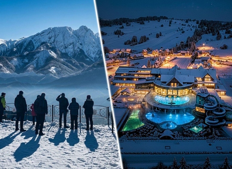 A snowy mountain landscape with a group of people standing on a viewing platform. 5