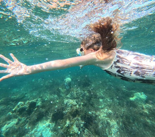 A person swimming underwater with a clear view of the ocean floor and marine life. 5