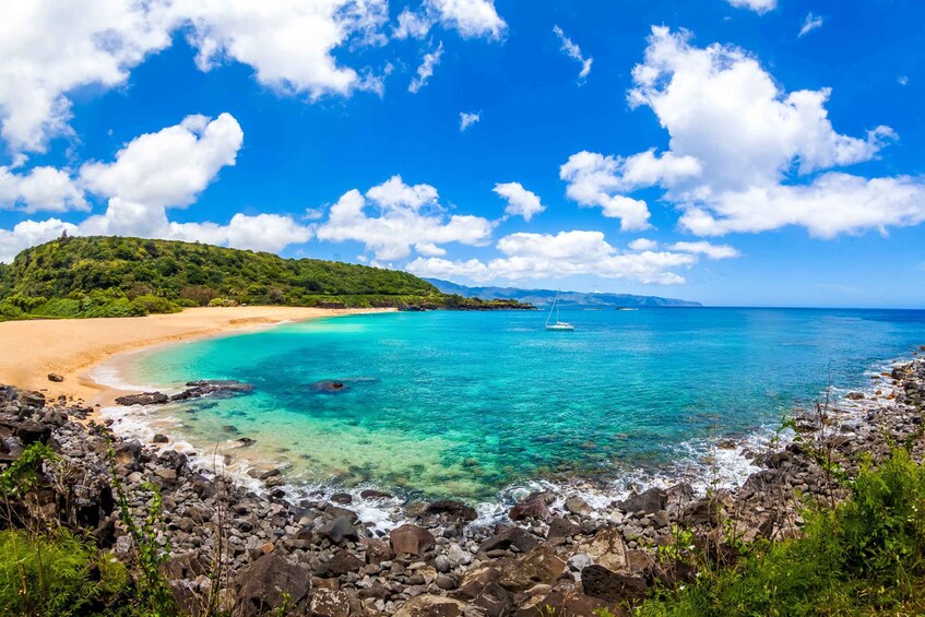 A beach with clear turquoise water, a sandy shore, and a rocky foreground. 4