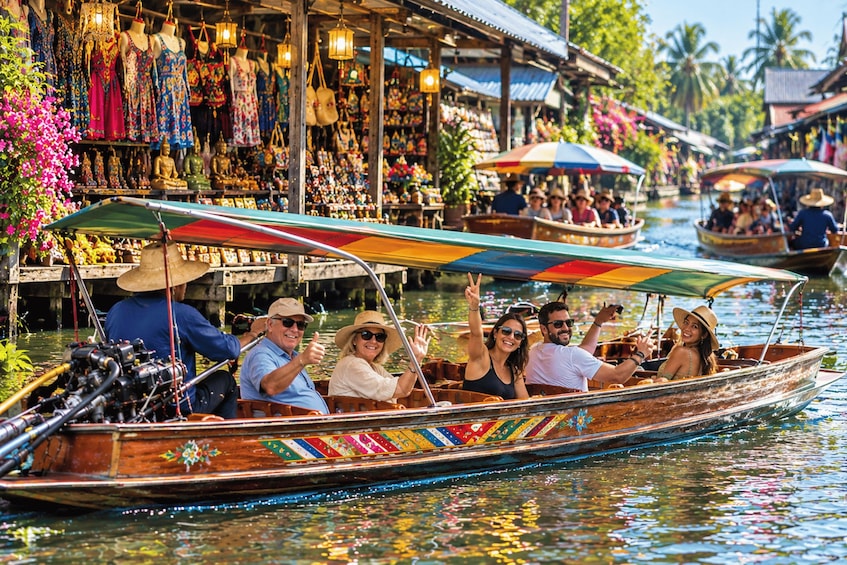 A traditional wooden boat with colorful decorations, passengers, and a market street with shops and statues in the background. 3