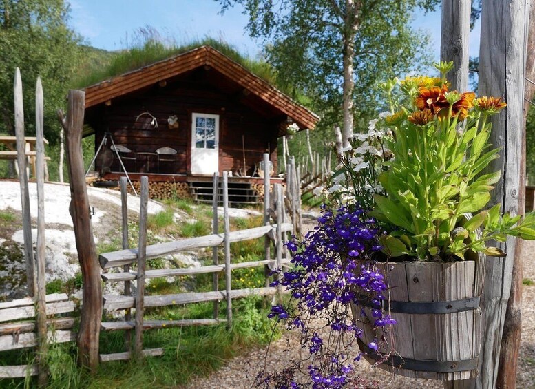 A wooden cabin with a metal roof, surrounded by a wooden fence and a wooden barrel with purple and orange flowers. 2