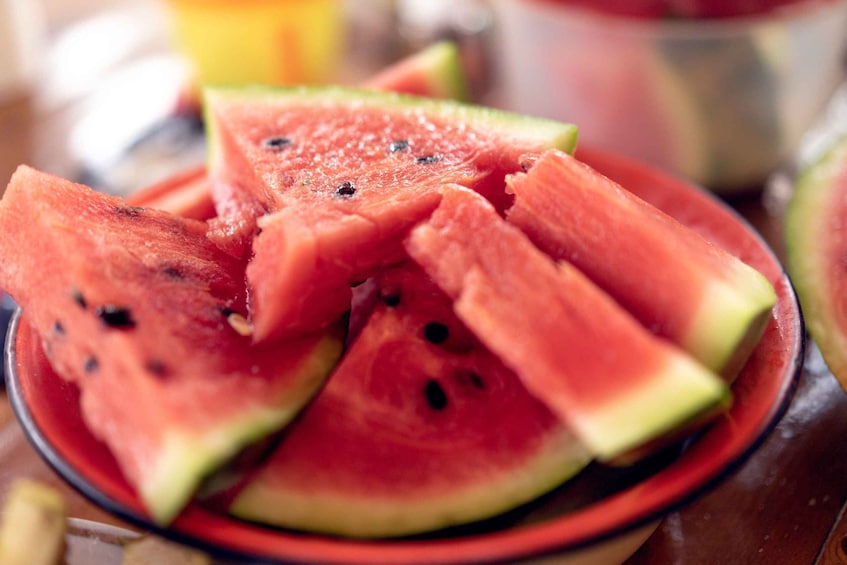 A plate of watermelon slices. 4
