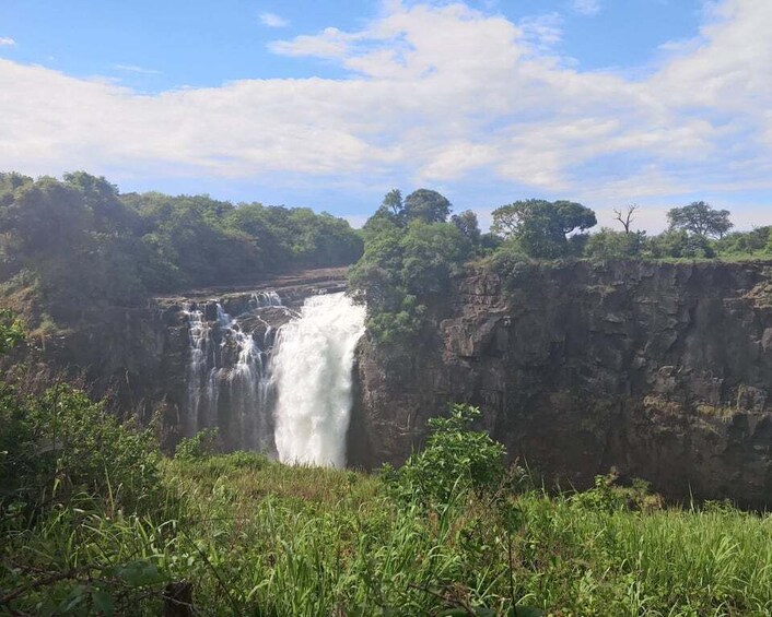 A waterfall cascading down a rocky cliff surrounded by lush greenery. 1