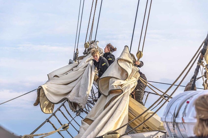 A person climbing a ship's rigging. 4
