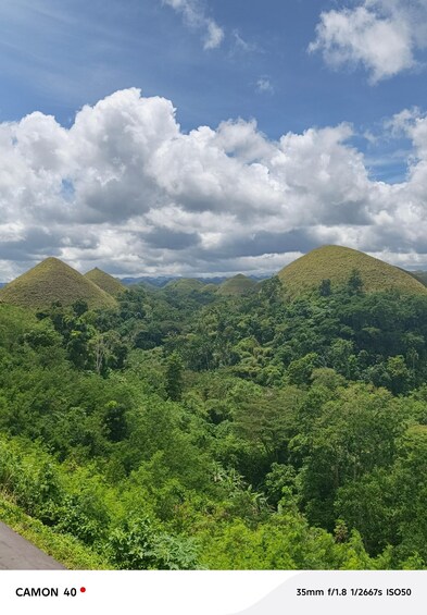 A landscape with lush green vegetation and two prominent hills under a partly cloudy sky. 1
