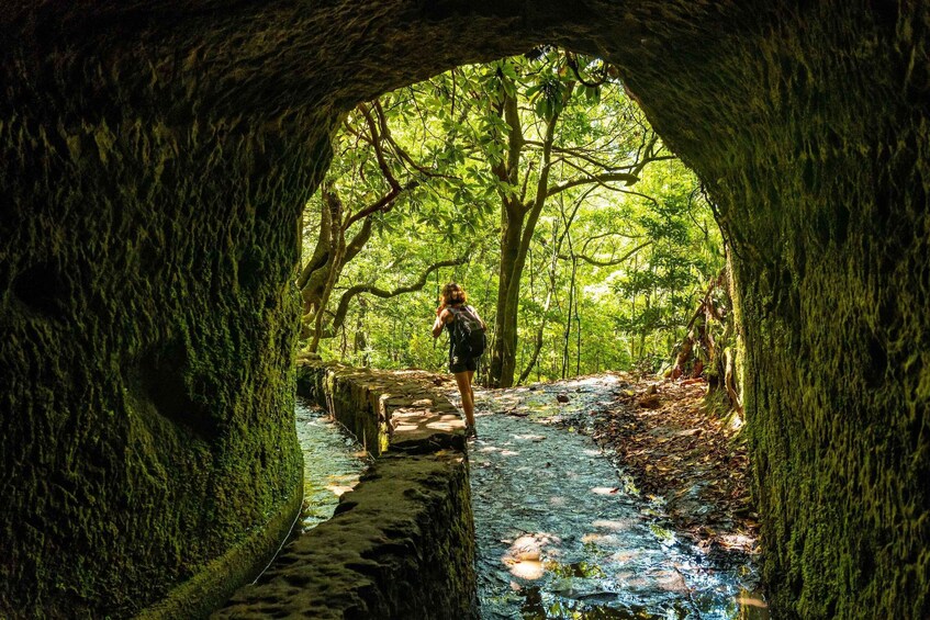 A person standing on a stone bridge over a stream in a forested area with a tunnel entrance. 5