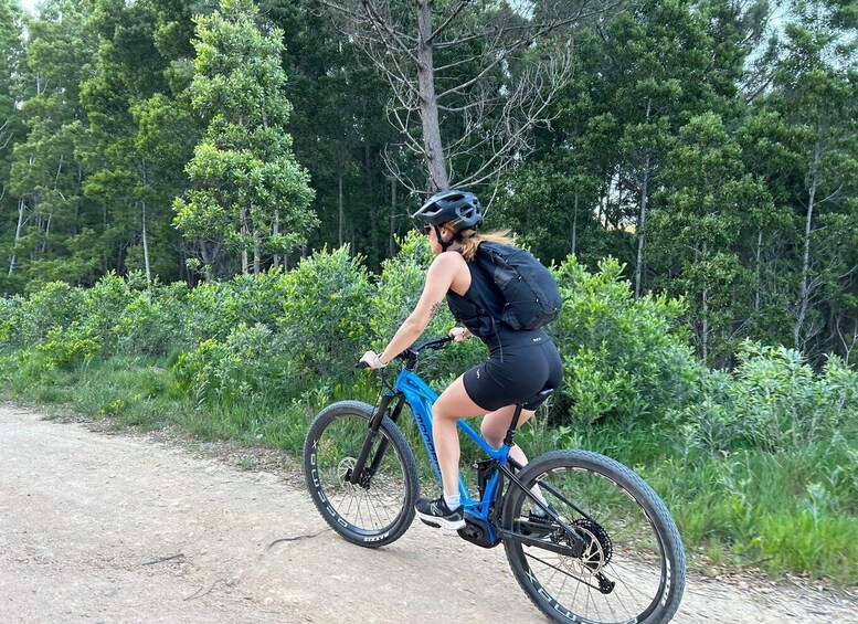 A person riding a blue bicycle on a dirt path surrounded by greenery. 5