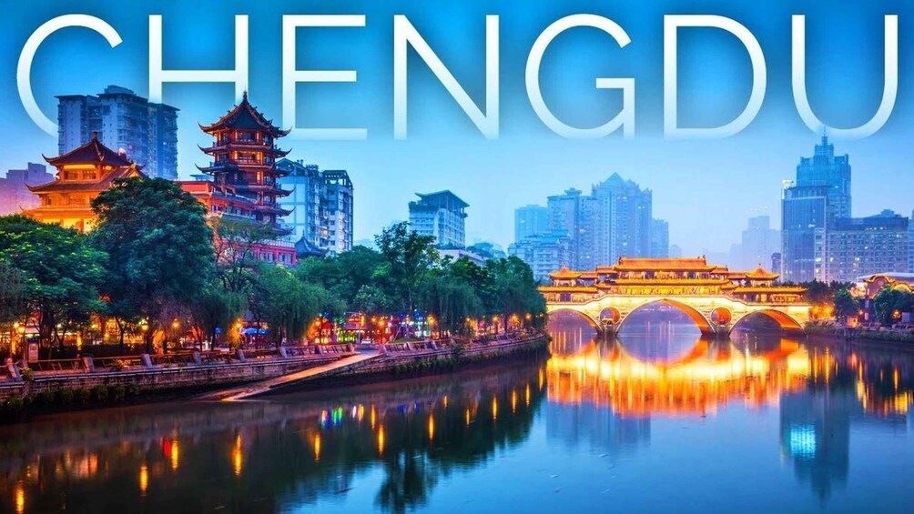 Una pagoda china tradicional, un paisaje urbano moderno y un río que refleja luces. 1