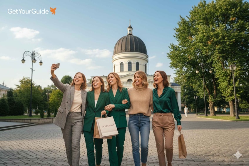 A group of people walking in a city square with a large dome building in the background. 1