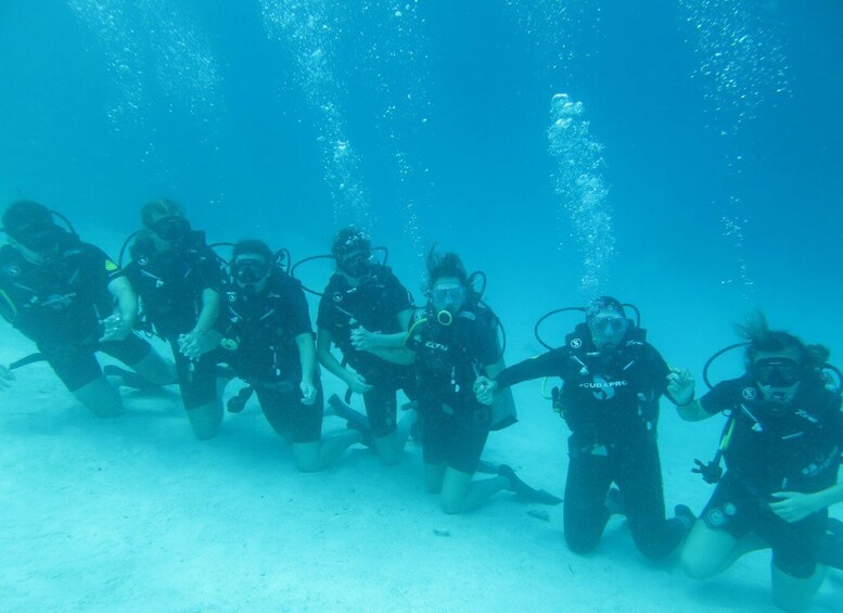 A group of scuba divers underwater, holding hands in a line. 3