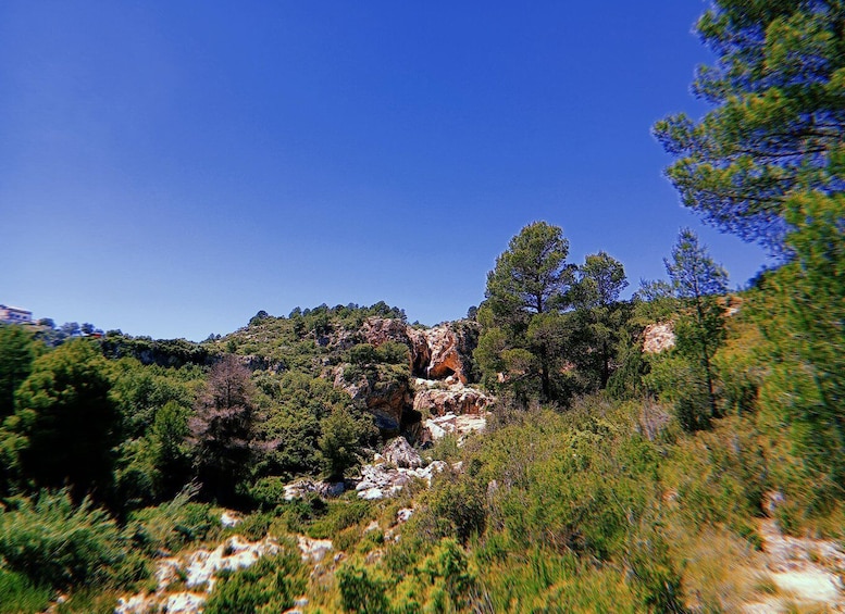 A mountainous landscape with a prominent rock formation and dense forest. 4