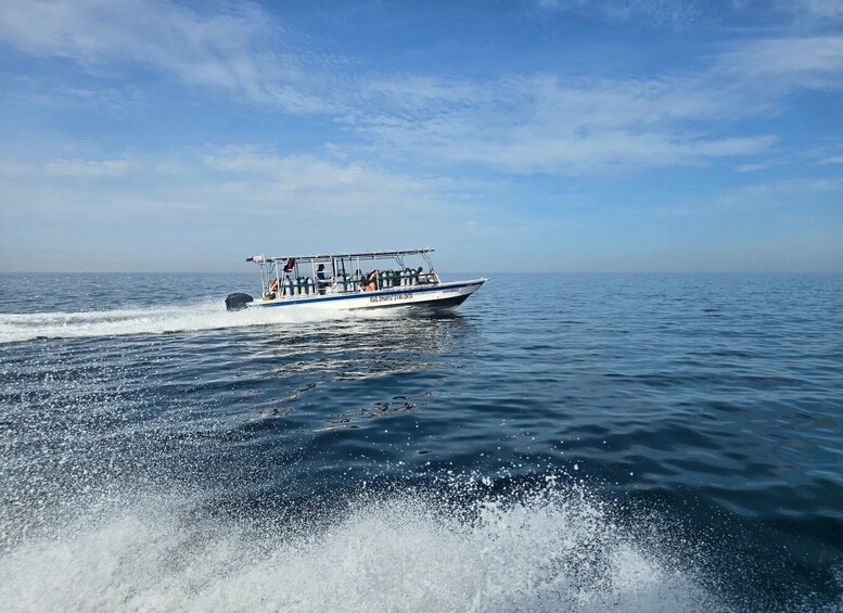 A boat speeding across a calm sea with a clear sky. 4