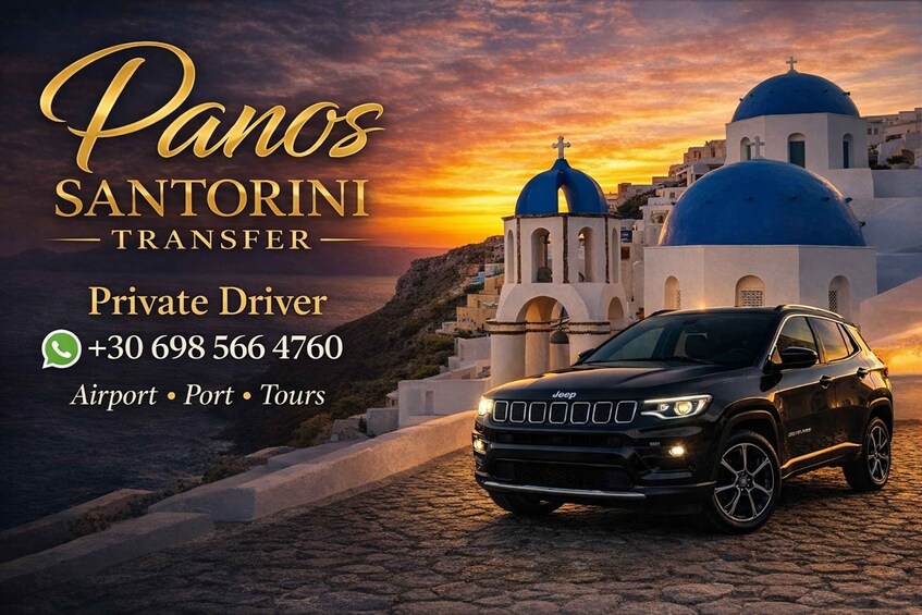 A black SUV parked in front of a white building with blue domes, under a sunset sky. 1