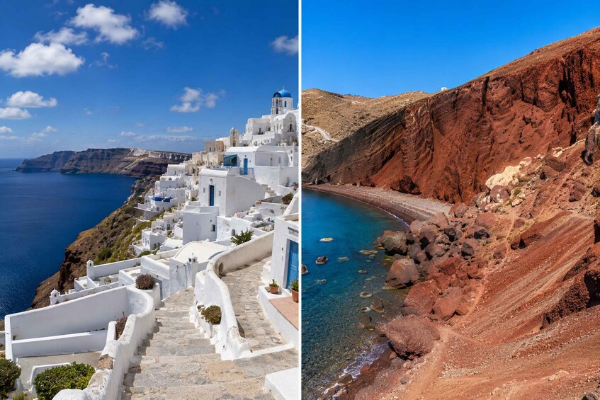 A coastal village with white-washed buildings, a clear blue sea, and a rocky cliff. 2
