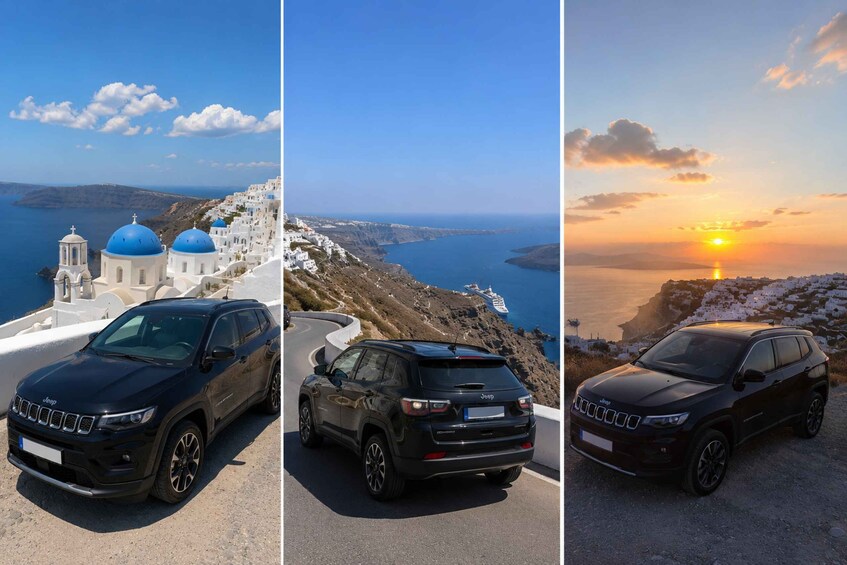 A black SUV parked on a coastal road with white buildings and blue domes in the background. 3