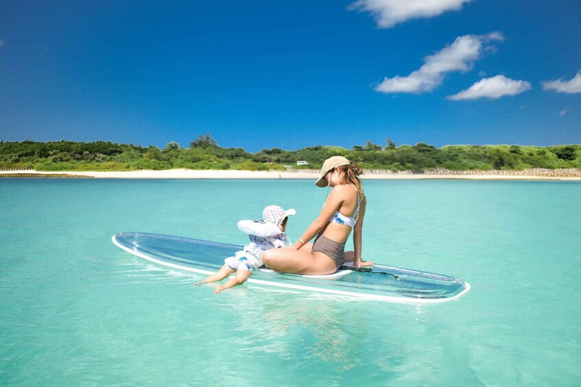 A woman and a child on a clear blue water surface, likely a beach, with a sandy shore and greenery in the background. 4