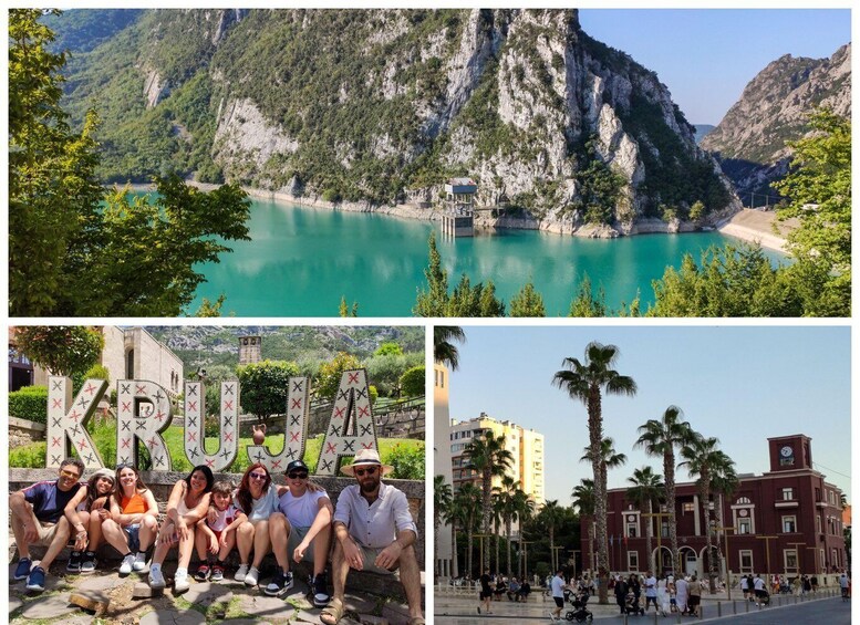 A turquoise lake surrounded by mountains, a group of people in front of a 'KRUJA' sign, and a historic building with palm trees. 1