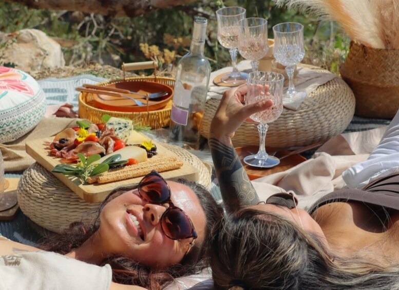 A picnic with a charcuterie board, wine glasses, and a relaxed outdoor setting. 1