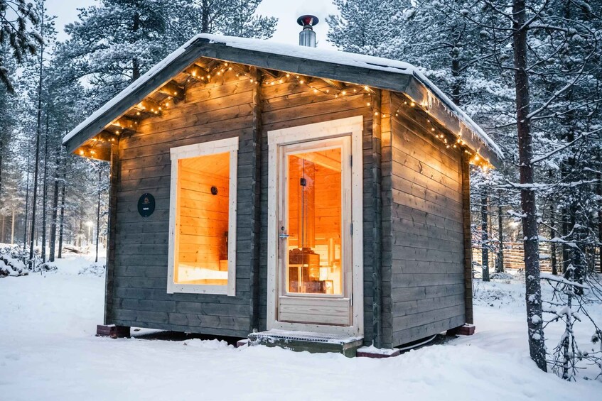 A wooden cabin with two doors, surrounded by snow-covered trees. 1