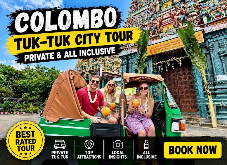 En tur med tuk-tuk i Colombo, med ett tempel i bakgrunden. 1