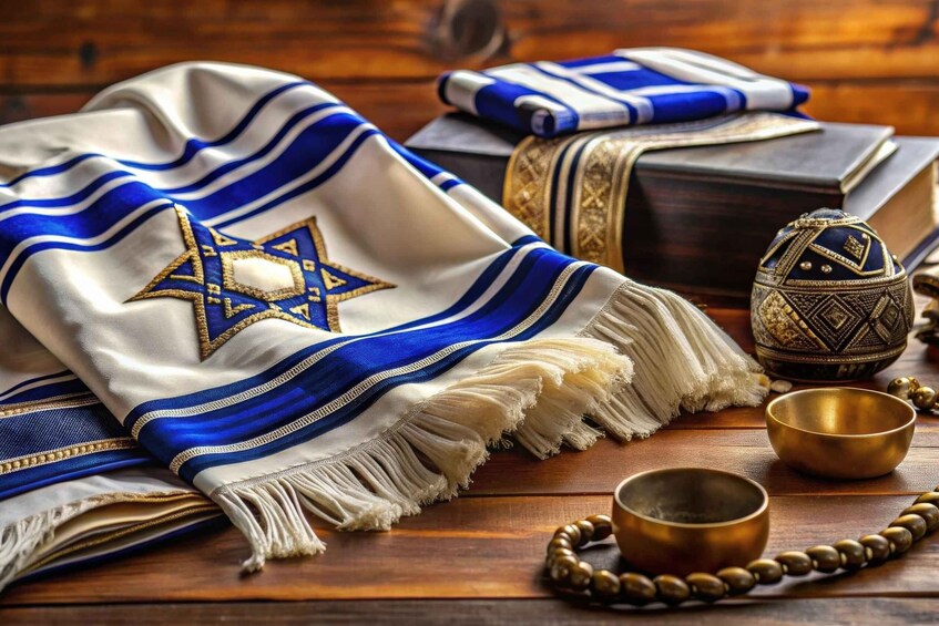 A Star of David, a prayer shawl, a book, a golden bowl, and a string of prayer beads on a wooden surface. 1