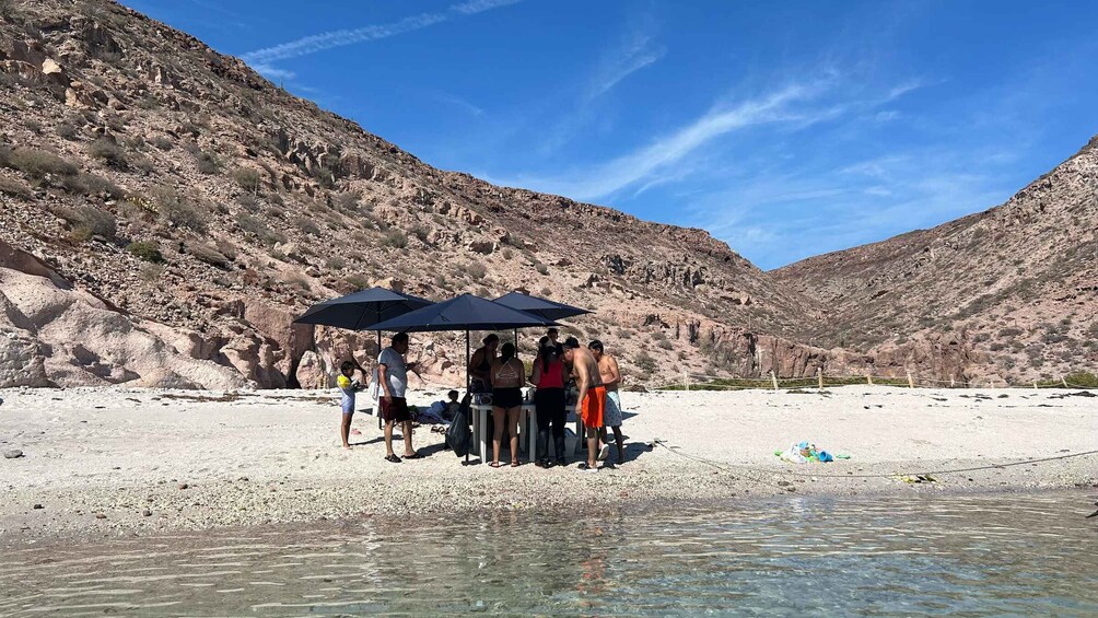 A group of people standing under a tent on a rocky beach with clear water in the foreground. 2