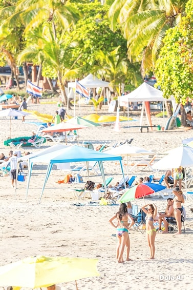 A beach with people sunbathing, umbrellas, and beach chairs. 3