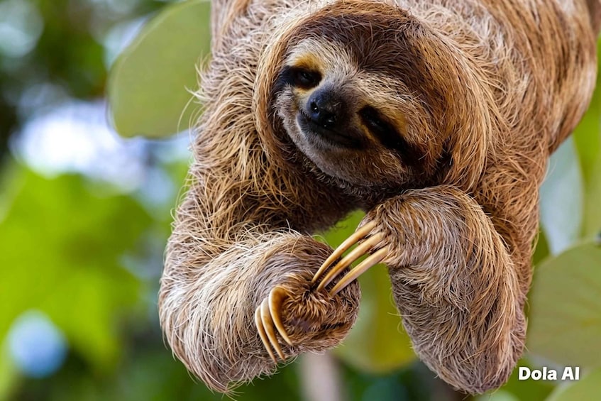 A sloth hanging from a tree branch. 2