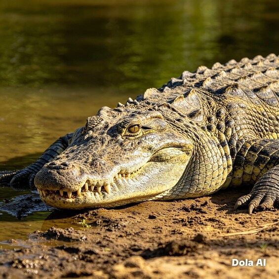 A crocodile resting by the water's edge. 5