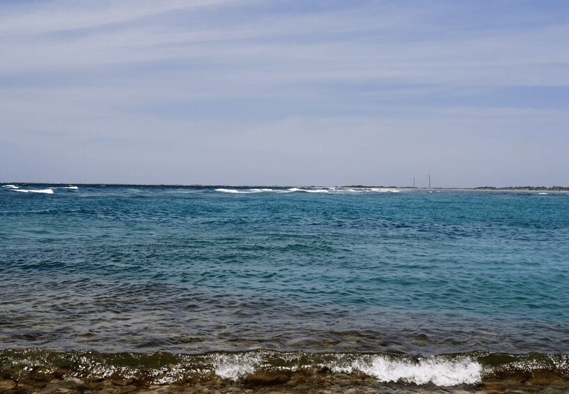 A coastal scene with waves, clear sky, and distant wind turbines. 2