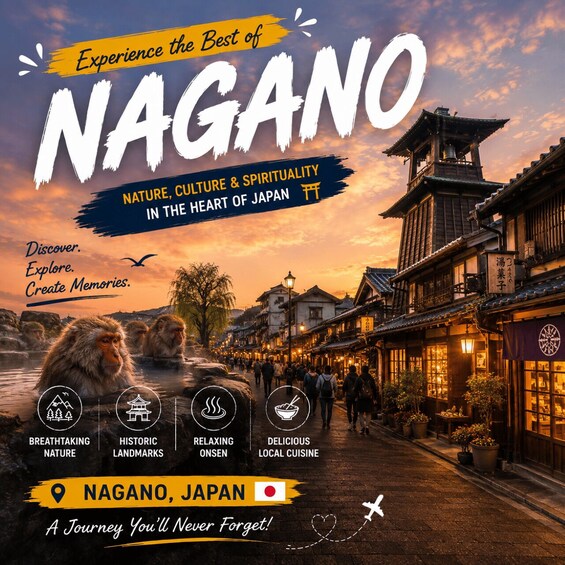 Nagano, Japan with traditional architecture, a river, and a monkey. 1