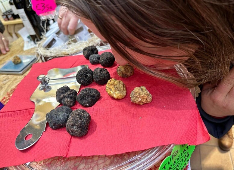 A person examining truffles on a red cloth with a price tag. 2
