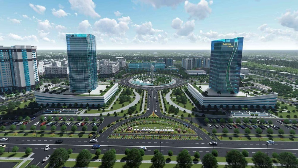 A cityscape with two prominent skyscrapers, a central roundabout, and a well-maintained park area. 2