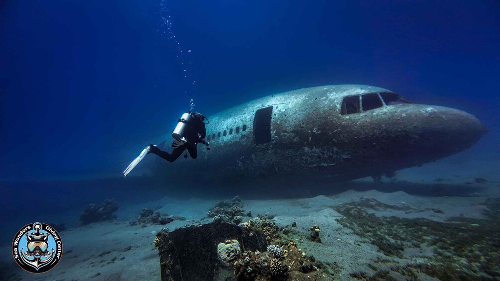 A diver exploring an underwater wreck of an airplane. 5