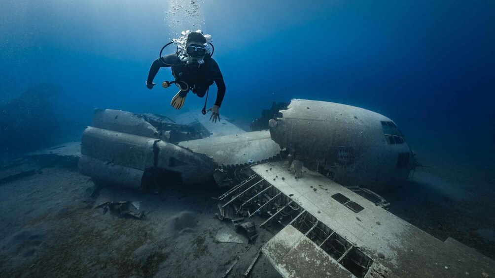 A diver exploring an underwater wreckage of an airplane. 1