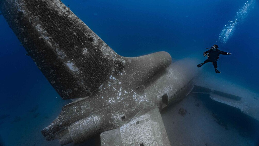 A diver swimming near a large, weathered concrete structure underwater. 3