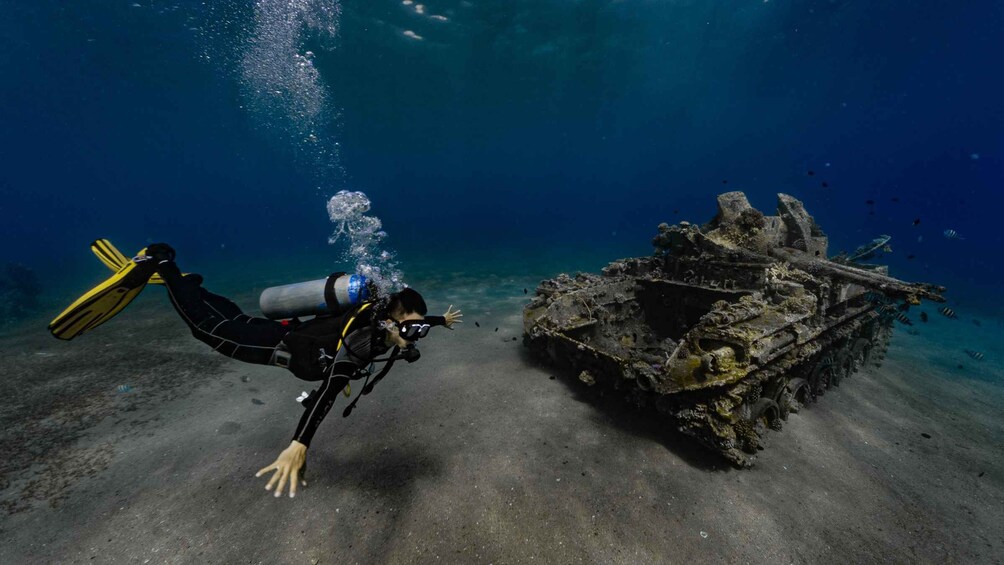 A diver exploring an underwater wreck with a diver's suit and fins. 5