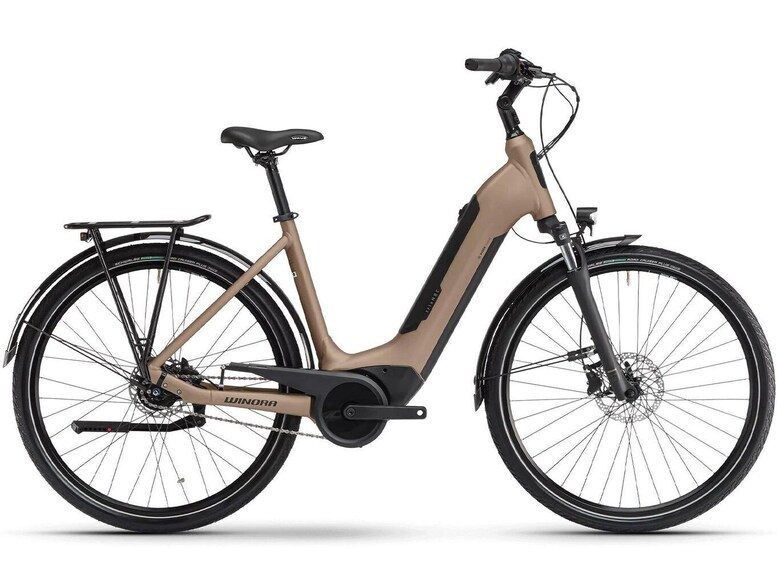 A stationary electric bike with a beige frame, black seat, and a front-mounted display. 3