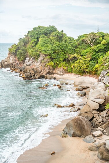 A coastal landscape with a sandy beach, rocky outcrops, and dense green vegetation. 4